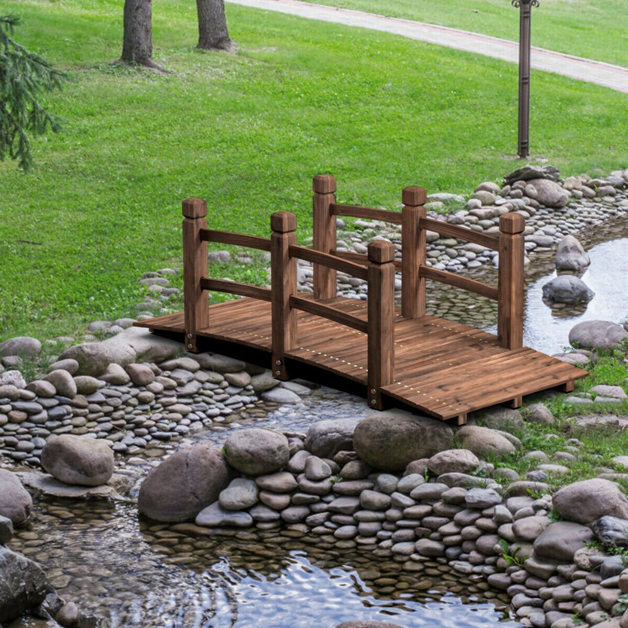 5' Wooden Garden Bridge Arc Stained Finish Footbridge Decorative
